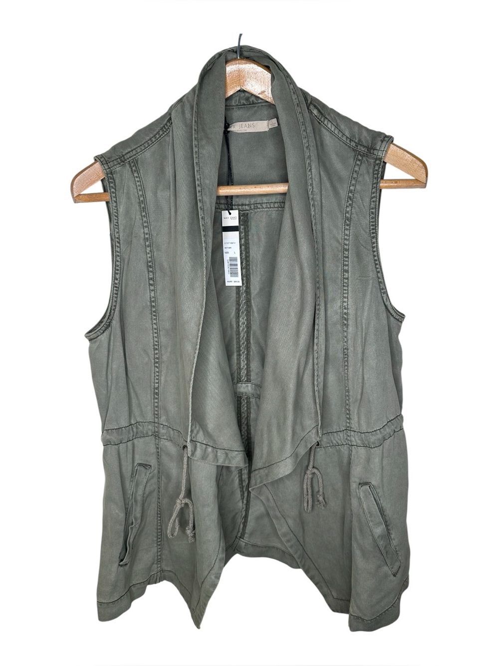 Max Jeans Army Green Open Front Utility Safari Vest Tencel Size Large New